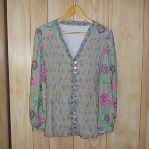 Green Floral V-Neck Button-Down Loose Fitting Long Sleeve Top M